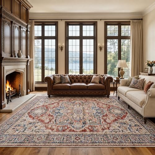 Amada Large 8x10 Washable Area Rug for Living Room, Red, Vintage Pattern - Image 3