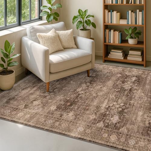 Hazo Haus Taupe Brown 5x8 Rug for Living Room - Vintage Traditional Dark Neutral Geometric, Washable Foldable Non-Slip Area Rugs for Dining Under Table, Home Office, Guest Room by HazoHaus