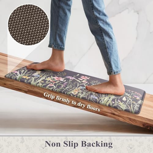 KIMODE Anti Fatigue Kitchen Mat, Farmhouse Floral Kitchen Rugs Grey Purple - Image 4