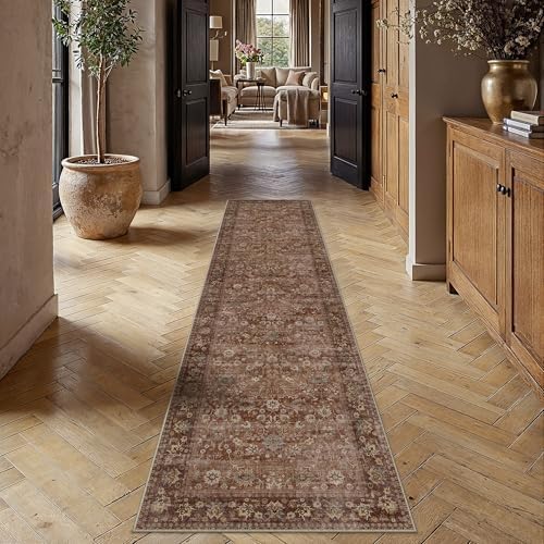 HUGEAR 2'6''x10' Brick Red Vintage Floral Washable Runner Rug for Hallway by HUGEAR
