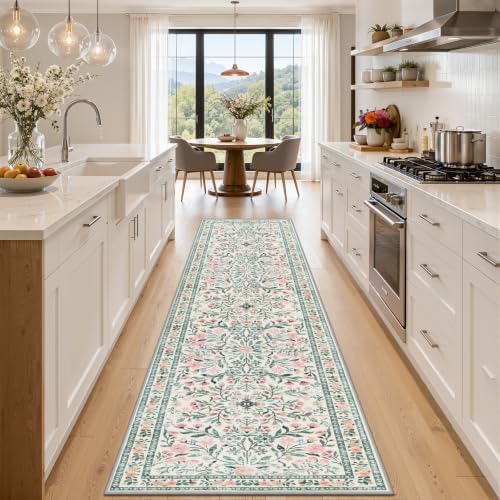 PLHXFR 3x10 Washable Runner Rug：Floral Indoor Kitchen Carpet Green Beige by PLHXFRSoftAreaRugs