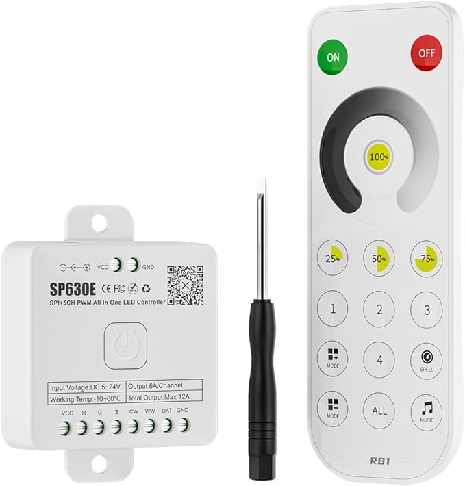 BTF-LIGHTING SP630E Bluetooth Controllers 4 Zones 2.4GHz Dimming RF RB1 Remote Kit Support FCOB COB SMD PWM or SPI Single Color LED Strip WS2811 IC etc DC5V DC12V DC24V