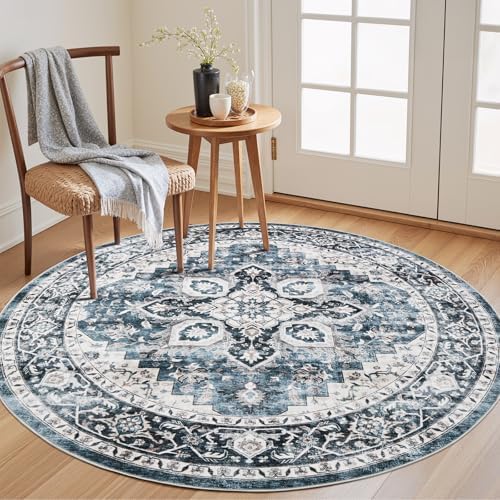 Amada Round 5x5 Washable Area Rug for Living Room, Blue, Vintage Style by AMADAHOMEFURNISHING