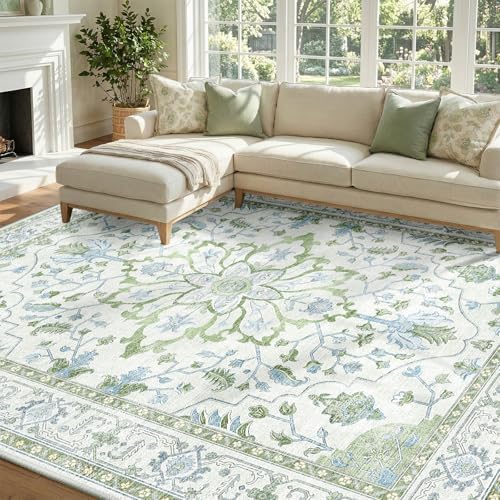 RELEANY Washable Area Rug, 7'x9', Green/White/Blue by RELEANY