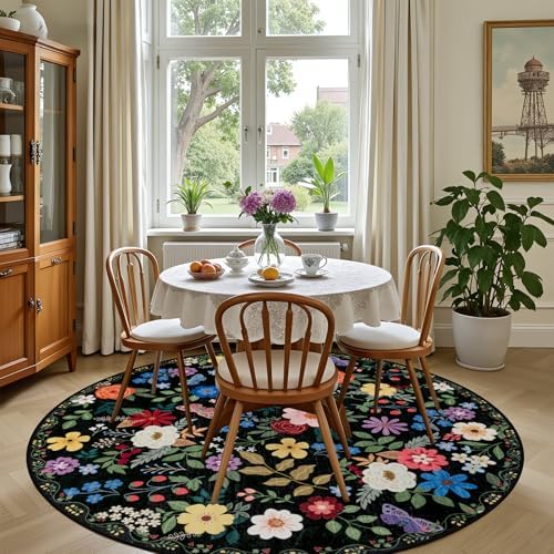 PLHXFR Round Area Rug Living Room: 6 ft Floral Washable Soft Carpet Black - Image 4