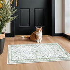 Cream Green and Blue 2x4 Boho Bathroom Rug - Oushak Floral Pastel, Washable Low Pile Non Slip with Rubber Backing Stain Resistant Entryway Rugs Indoor, Small Carpet for Kitchen, Bedroom, Laundry Room - Image 3