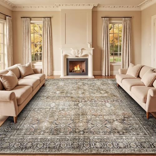 10x12 Area Rugs for Living Room, Non-Slip Washable Brown Large Carpet by Lofus
