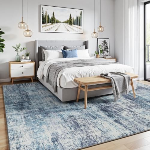 8x10 Area Rug for Living Room, Abstract Washable Non-Slip Large Rugs, Blue - Image 2
