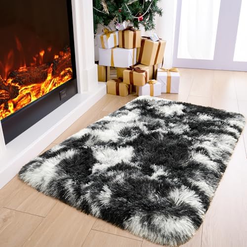 2x3 Tie-Dyed Black and White Fluffy Area Rug Non-Slip for Entryway Bedroom by ModernHomeDecor