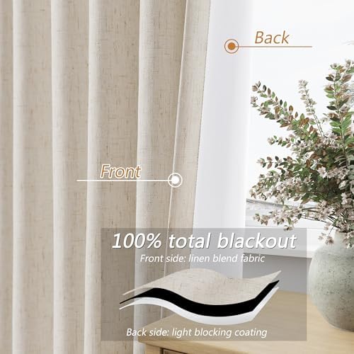 Guken 100% Blackout Linen Curtains 90 Inch Long 2 Panels Cream Beige - Image 4