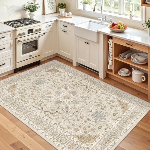 Madane Area Rug 3x5, Washable Vintage Entry Rugs for Bedroom, Beige/Blue - Image 3