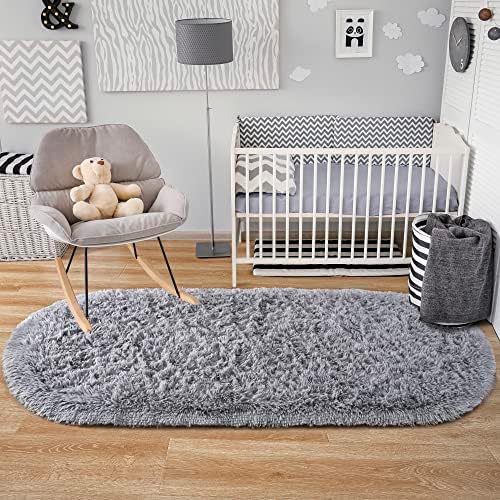 Noahas 2.6x5.3 Grey Fluffy Soft Oval Rug Non-Slip for Bedroom Dorm Hallway - Image 3