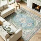 Lofus Living Room Rugs 5x7, Boho Sage Green and Light Blue Washable Carpet - Image 4