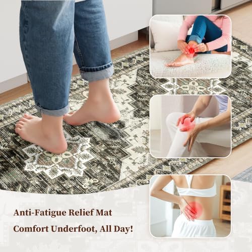Boho Kitchen Mats for Floor 2PC Anti Fatigue Kitchen Rugs, Black Brown Grey - Image 3