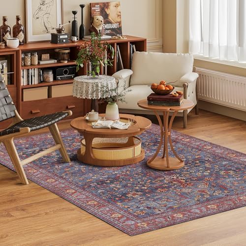 Washable Area Rug 5' x 7' Vintage Traditional Persian Mat - Foldable Distressed Non-Slip Machine Washable Carpet for Living Room Bedroom Kitchen Home Decor - Indigo and Crimson - Image 2