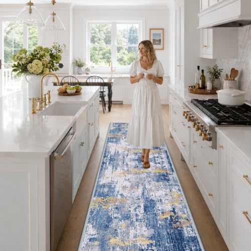 RELEANY Washable Runner 2'x6' Abstract Area Rug for Hallway Blue Gold - Image 3