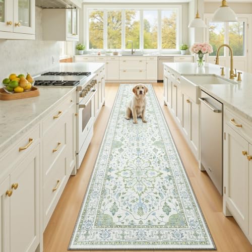 RELEANY Washable Area Rug, Runner 2'6"x10', Green/White/Blue by RELEANY