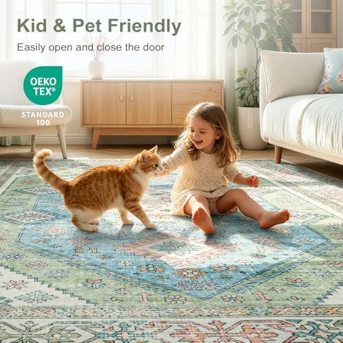 Lofus Living Room Rugs 5x7, Boho Sage Green and Light Blue Washable Carpet - Image 5