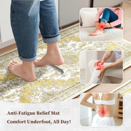 Boho Kitchen Mats for Floor 2PC Anti Fatigue Kitchen Rugs, Yellow - Image 3