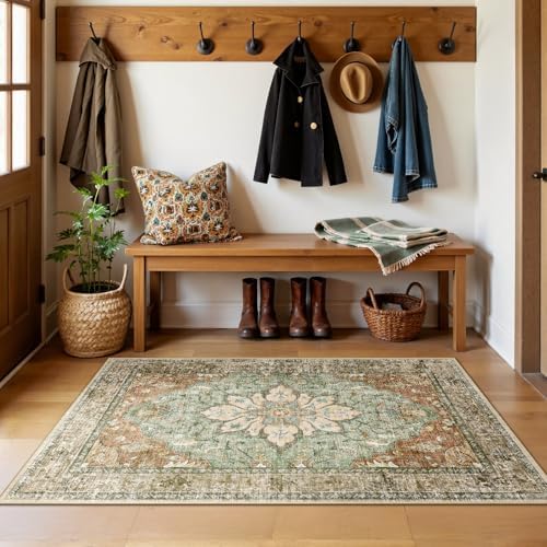 RELEANY Washable Area Rug, 3'x5', Brick/Brown/Green - Image 2