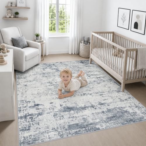 Area Rug Living Room: 6x6 Modern Washable Soft Carpet Blue Grey - Image 5