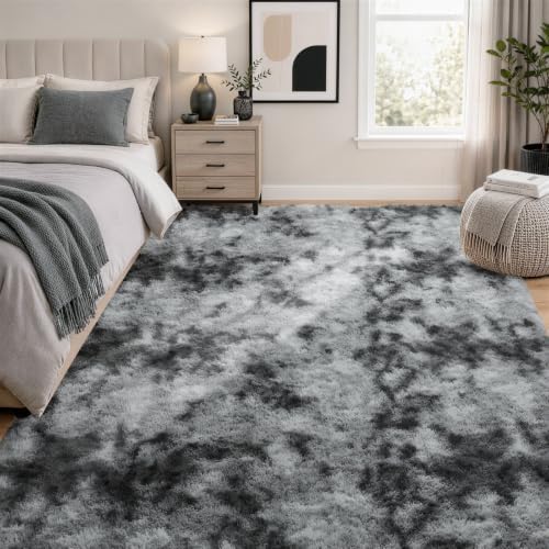 Ophanie Tie-Dyed Grey Area Rugs 8x10 for Bedroom Living Room, Fluffy Shag Fuzzy Carpet, Plush Shaggy Rug, Indoor Carpet for Kids Boys Dorm Home Decor Aesthetic, Nursery with 99 pcs Pile fibers - Image 5