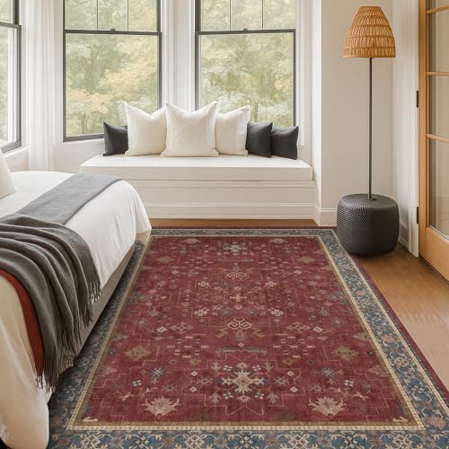 5x8 Boho Dark Red Rug for Living Room - Vintage Oriental Revival Low-Pile Carpet for Bedroom, Dining Table, Machine Washable Area Rug Non-Slip with Rubber Back - Image 3