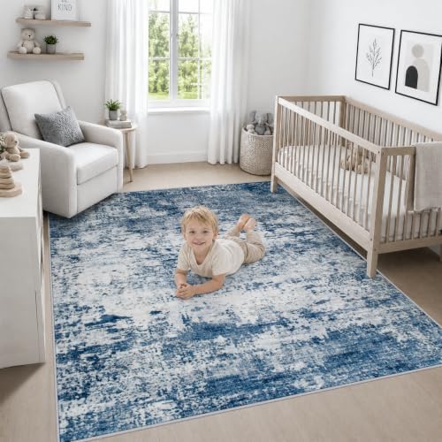 Area Rug Living Room: 8x8 Modern Washable Indoor Soft Carpet Blue - Image 5