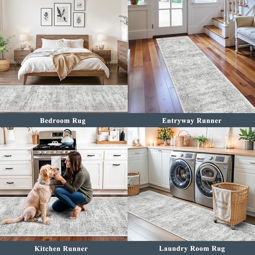 Runner Rug 2x8 Washable Hallway: Non Slip Kitchen Runners with Rubber Backing Vintage Farmhouse Neutral Boho Cream Soft Carpet for Bathroom Bedroom Entryway, Grey/Ivory - Image 4