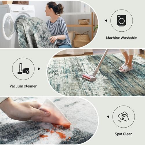 5x7 Area Rugs for Living Room: Washable Abstract Teal Green Bedroom Carpet - Image 4