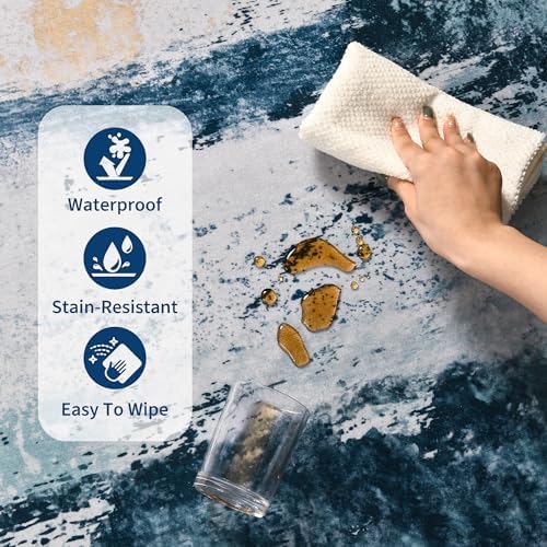 Living Room Rug 7x10 Aqua Blue Area Rugs Machine Washable Abstract Boho Large Rug Non-Slip Non-Shedding Faux Wool Indoor Vintage Carpet for Bedroom, Classroom, Dining Room, Kids Playroom - Image 7