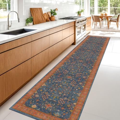 Hazo Haus Navy Blue Washable Hallway Runner Rug 2x10 Non Slip Rugs for Kitchen, Mudroom, Bathroom, Hall Way - 10 ft Long Dark Boho Geometric Decor, Fade & Stain Resistance - Image 3