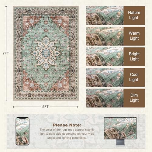 5x7 Area Rugs Living Room: Washable Rug for Bedroom Brown Green - Image 2