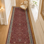 Dark Red 2'6''x8' Wide Hallway Runner Rug - Washable Kitchen Sink Rug, Non Slip 8ft Long Runner Rug for Entryway, Burgundy Turkish Floral Print Home Décor by HazoHaus