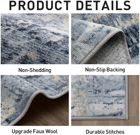 10x14 Area Rugs for Living Room: Washable Abstract Blue Gold Bedroom Carpet - Image 5