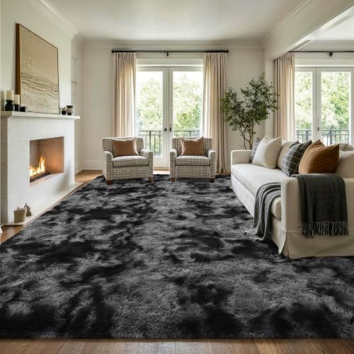 8x10 Extra Large Tie-dye Dark Grey Fluffy Area Rug Non-Slip for Living Room - Image 3