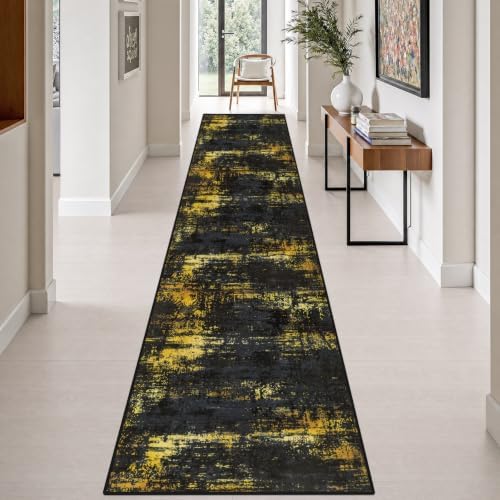 2.6x14 Washable Runner Rug:Modern Abstract Soft Carpet Black Gold by FXRHLP