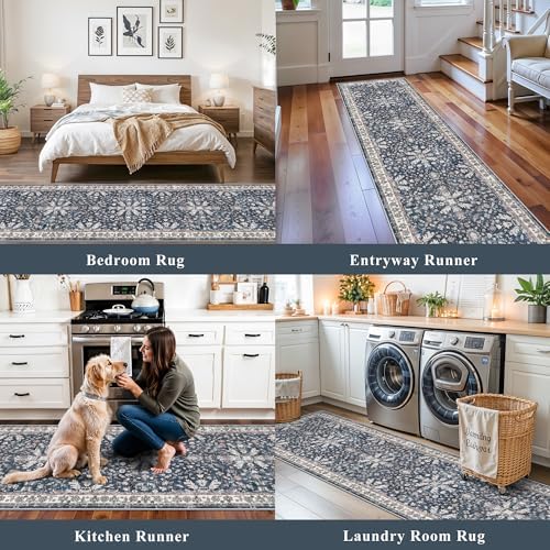 Washable Hallway Runner Rug 2x10: Non Slip Vintage Boho Carpet with Rubber Backing for Kitchen Entryway Hall Holiday Farmhouse Neutral Cream Long Runners (Blue,2'x10') - Image 4