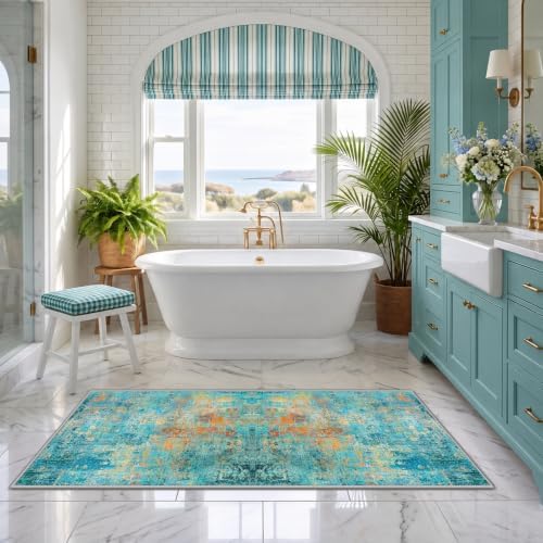 RELEANY Washable Runner 2'x6' Abstract Area Rug for Hallway Teal Multi - Image 4