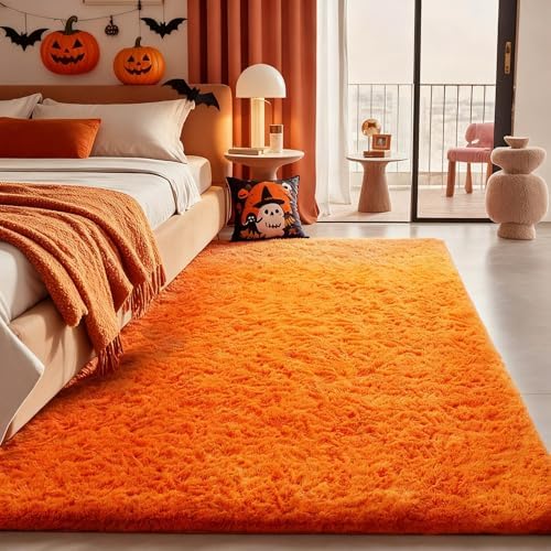Ophanie Orange Fall Rugs for Bedroom Living Room,Fluffy Fuzzy Furry Carpet,Plush Soft Shaggy Bedside Indoor Floor 4x6 Area Rug for Kids Girls Boys Baby Teen Dorm Decor with Over 99 pcs Pile fibers by Ophanie