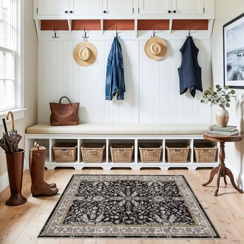 3x4 Entryway Rug Washable Non-Slip–Boho Floral Stain-Resistant Small Area Rug for Kitchen Bedroom Bathroom – Soft Low-Pile Thin Indoor Door Mat (Black,3x4) by BYYVOORugsforYourHome
