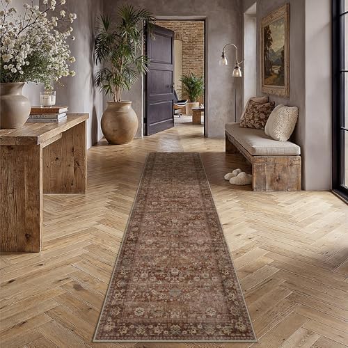 HUGEAR 2'6''x10' Brick Red Vintage Floral Washable Runner Rug for Hallway - Image 2