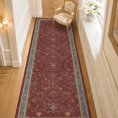 Dark Red 2'6''x10' Wide Hallway Runner Rug - 10ft Long Washable Non Slip Indoor Door Mats for Entryway, Low Pile & Soft Boho Geometric Floral Pattern Burgundy Area Rug by HazoHaus
