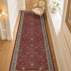 Dark Red 2'6''x10' Wide Hallway Runner Rug - 10ft Long Washable Non Slip Indoor Door Mats for Entryway, Low Pile & Soft Boho Geometric Floral Pattern Burgundy Area Rug by HazoHaus