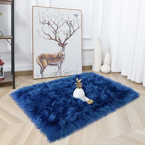 2x3 Navy Blue Faux Fur Area Rug Fluffy Soft Washable for Entryway Bedroom - Image 3
