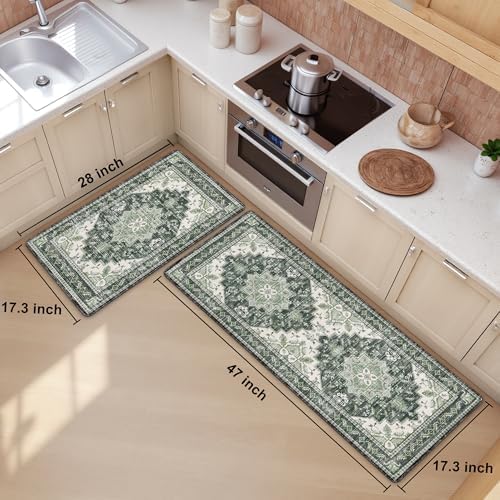 Boho Kitchen Mats for Floor 2PC Anti Fatigue Kitchen Rugs, Green - Image 2