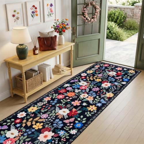 PLHXFR 2.6x14 Washable Runner Rug：Floral Indoor Kitchen Soft Carpet Black - Image 2