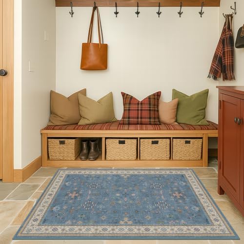 Washable Blue Rugs for Entryway Indoor - 3x4 Throw Rug for Large Kitchen, Bedroom Bedside, Bathroom, Mudroom, Boho Eclectic Modern Décor, Non Slip Low Pile Fade Resistant by HazoHaus