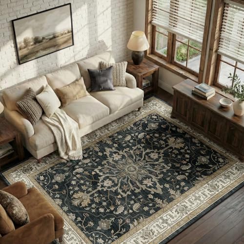 RELEANY Washable Area Rug, 6'x9', Black/Vintage/Beige by RELEANY