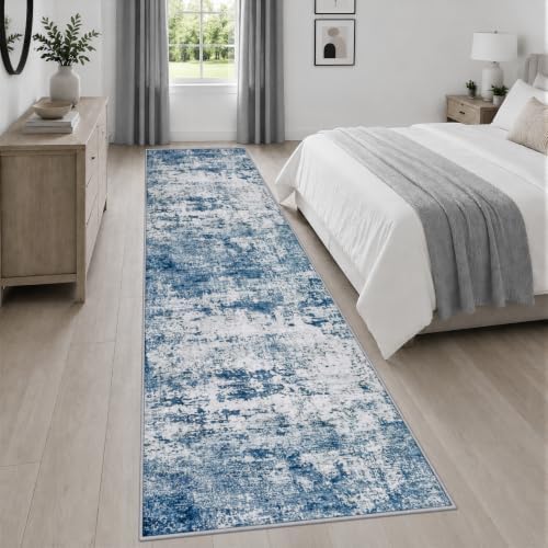 2.6x14 Washable Runner Rug:Modern Abstract Indoor Soft Carpet Blue - Image 4